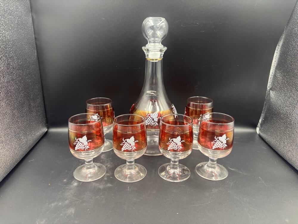 Cranberry Red & Clear Decanter Glass Set By Lubiana, Made In Italy